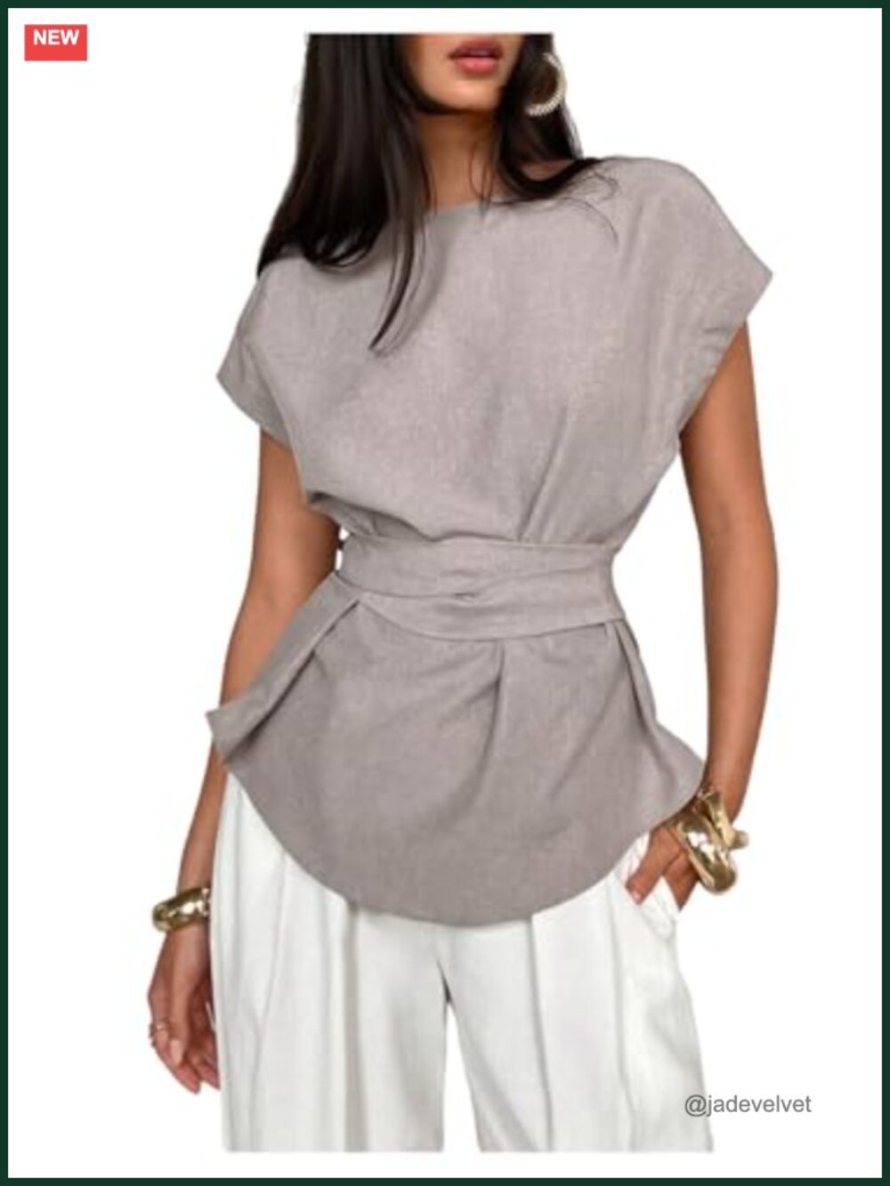 Women's Business Casual Blouse Belted Short Sleeve Loose Fit Polyester Work Top